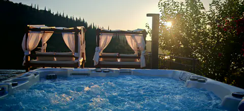 Overhead view of the infinity pool, cabana, and sun terrace.