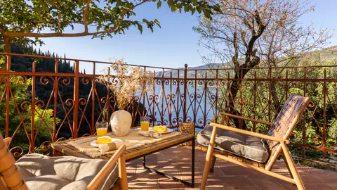 Garden lounge tucked beneath the estate's mature trees.