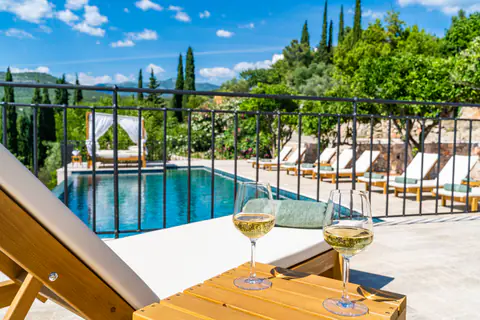 Poolside loungers aligned along the water and garden wall.